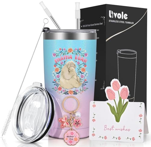 Livole Mothers Day Presents for Mum, Mummy, Women, Wife, Mama Bear Tumbler, Mum Gifts for Christmas Birthday, Gifts for Mum, Mom, Mama from Daughter, Son, 20oz 600ml Stainless Steel Travel Coffee Mug