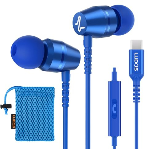 Ludos OMNITONE Auriculares USB C con Micrófono, Garantía de 5 años, Auriculares Tipo C con Cable para iPhone 16 15 Pro MAX Plus Samsung Galaxy S24 S23 S22 Ultra S21 FE S20 A53 A54, iPad Pro - Azul