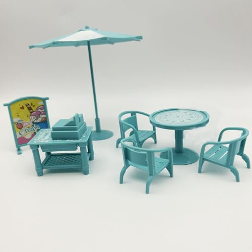 KARLOR miniature parasol table chairs set, 8 Pcs mini furniture set, parasol table chairs advertising boards cash registers, small ornaments mini restaurants dollhouse garden beach decoration