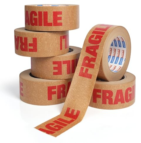 ADHES 6 ROLLS 50mm x 50m Zerbrechliche Aufkleber FRAGILE Kraftband | Braun Gedrucktes für Verpackungen Recyclierbar Robust Wasserdicht Umweltfreundlich abnehmbare