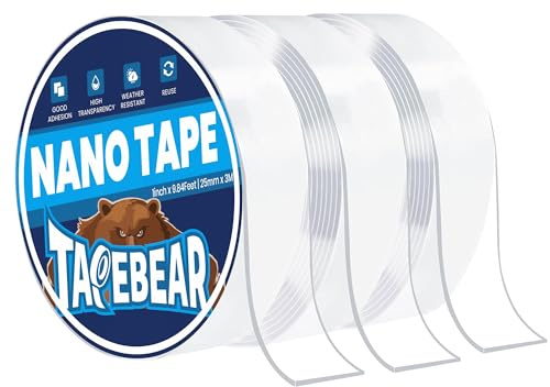 TAPEBEAR – Ruban adhésif Nano double face très résistant 1 x 3 m, ruban de montage réutilisable et solide, bandes adhésives transparentes pour mur, Amovible, sans trace pour accrocher des images