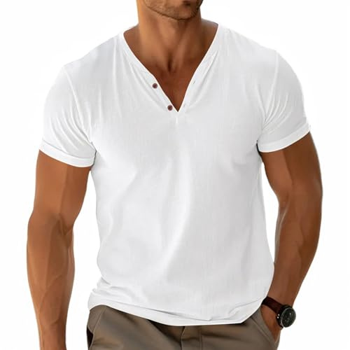 Uomo Henley Maglietta di Base Tee Manica Corta Tops Casual Camicia in Cotone Bottone Collo a V Morbido Stretch Bianco M