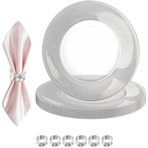 Elegant Silver Glass Charger Plates with 12 Hammered Napkin Rings – 33cm Checkered Design Dinner Plate Chargers for Serving Weddings, Parties, Birthdays, Events, and Table Décor - Set of 6