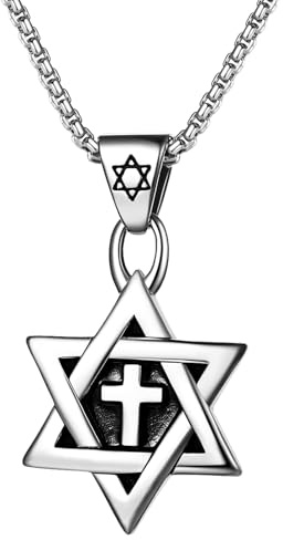 OIDEA Collana Uomo Donna Acciaio: Ciondolo Stella di Davide con Croce Gioiello Ebraico Lucido Esagramma - Regalo Battesimo Natale con Catena 60cm Argento