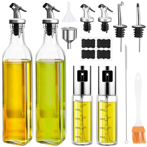 WRENYZK Lot de 4 Bouteilles D'Huile, 2 Bouteilles D'Huile D'Olive de 500 Ml Et 2 Flacons PulvéRisateurs D'Huile de 100 Ml, Verre Vinaigre et Distributeur D'Huile Avec Bec Verseur, Entonnoir, Brosse