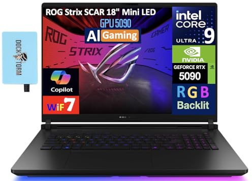 ASUS ROG Strix Scar AI Gaming Laptop 18 240Hz Mini LED WQXGA Display (Intel Ultra 9-275HX, GeForce RTX 5090 24GB, 64GB DDR5, 2TB PCIe SSD, RGB KB, Win 11 Pro) w/DKZ USB Port Expander