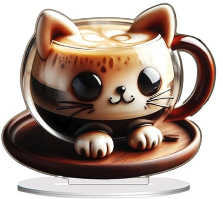 Figuras de taza de café de gato, estatua de animal de taza de café de gatito en 2D, adorable modelo de escultura de gato en miniatura para sala de estar, decoración de dormitorio, bonito adorno para