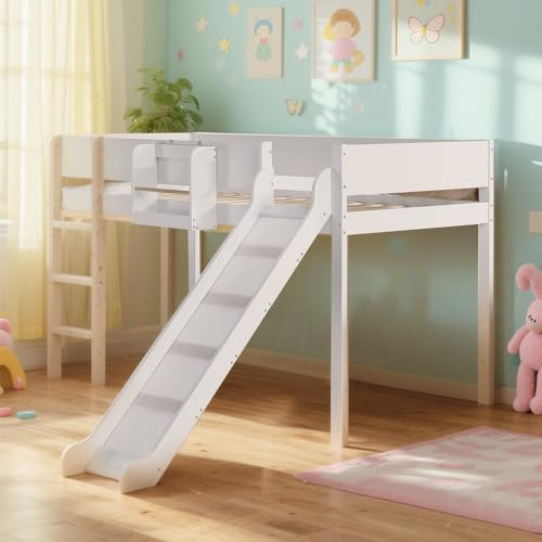 Naptly Kinderbett mit Rutsche & Stauraum, Spielbett mit Regalen, platzsparendes & sicheres Massivholz Hochbett für Kinderzimmer Schneeweiß