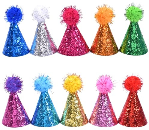 LLLmhuaa 10 kleine Partyhüte für Hunde und Katzen mit Glitzer-Design und verstellbarem Riemen, geeignet für Geburtstagsfeiern