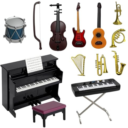 Golgner 12 Stück Puppenhaus Mini Musikinstrument Modell, Miniatur Instrumente, Puppenhaus Miniatur Musikinstrumenten, Miniatur Klavier Gitarre Schlagzeug Trompete, für Puppenhaus Musikzimmer