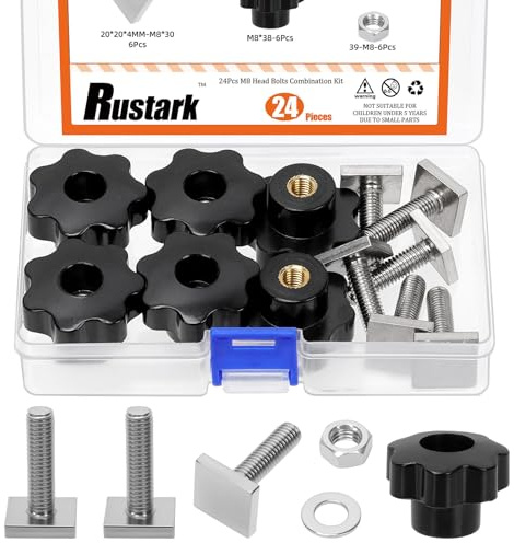 Rustark 24 Stück M8 T Nut Adapter Nutensteine Sortiment Kit mit Muttern Sterngriffmutter und Unterlegscheiben 304 Edelstahl Dachträger Schrauben für Trägerschiene Dachträger Dachbox