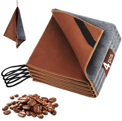 Barista Tuch Set 30x30cm – 4 Stück, Doppelseitig, Aufhängbar, Saugstark | Mikrofasertücher Für Siebträger, Milchsystem, Arbeitsflächen, Streifenfrei, Für Espressomaschinen, Café, Küche, Kaffeezubehör