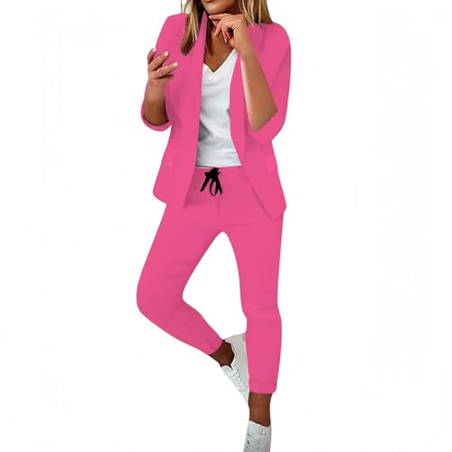 Dam 2-delad klädsel, dam tvådelad outfit - elegant bröllop kväll Co Ord set casual blazers outfit komfortjackor kappa hög midja raka ben byxor passar för daglig användning, Rosa (Hot Pink), XS