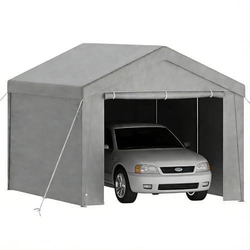 Ferzone Carport Zeltgarage 3x4m, Lagerzelt Winterfest Wasserdicht UV-beständig mit Metallrahmen& PE-Plane, Gerätehaus Fahrradgarage Gartenhaus mit Rolltore für Auto Motorrad Fahrrad Fracht, Grau