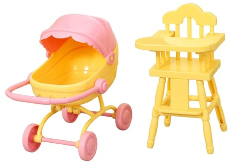 TTETTZ 2 Stück Miniatur Hochstuhl Stubenwagen Puppenmöbel Spielzeug Szene Puppenstuben Dekoration aus Pp Material für Kinder Rollenspiel Sammler Wohn- Und, Gelb