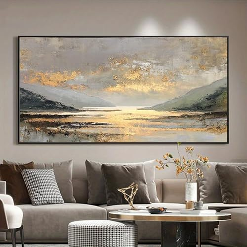 UUDEZO Modernes abstraktes Leinwandbild, goldenes Ölgemälde-Poster, geeignet für die Wanddekoration im Wohn- und Schlafzimmer (80 x 160 cm (31 x 63 Zoll)), schwarzer Rahmen