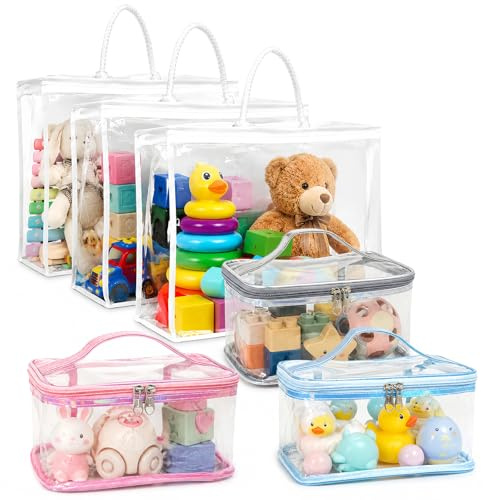 6 Pcs Clear Toy Storage Bags, 3 White & 3 Colorful PVC Toy Organiser with Handle & Zipper, Reusable Storage Bags for Lego, Blocks, Puzzles