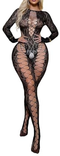 ROSVAJFY Sexy Bodystockings Full Body Long Sleeves Sheer Bodysuit Hollow Out Jumpsuit Stretchy Woman Leopard-Print Lingerie Body Stocking Sleepwear One Size(XS-XL)
