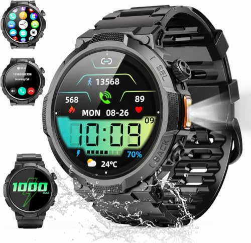 Reloj Inteligente Hombre con Linterna, 1.53'' Militar Smartwatch con Batería de 1000mAh, IP68 Reloj Deportivo con Llamadas Bluetooth/Monitor de Sueño/Pulsómetro, 100+Modos Deportivos para Android iOS