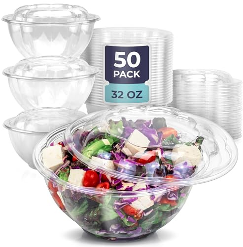 Fit Meal Prep 50 Pack 32 oz Disposable Plastic Clear Salad Bowls with Airtight Lids - To Go for Lunch, Takeout, Party, Catering, Picnic