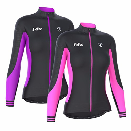 FDX Women’s Thermal Cycling Jersey Long Sleeve Winter Bike Jacket Windproof Water Resistant Roubaix Fleece Cycling Top with 3 Pockets, Reflective High Visibility Riding Jersey (Black/Purple, Medium)