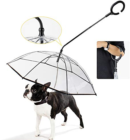PJDDP Hund Regenschirm Regenschutz Schnee-Proof Pet Regenschirm Mit Leine Für Kleine Hunde, Justierbare Transparent Puppy Doggy Regenschirm Mit Upgraded Flexiblen Stiel