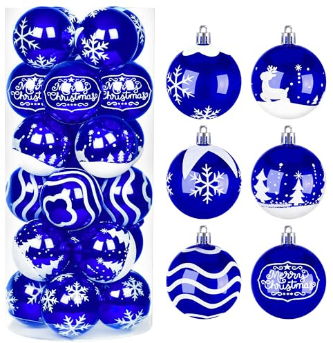 Joiedomi 24 Stück Weihnachtskugeln Ornamente, Deluxe bruchsichere Weihnachtsschmuck für Feiertage, Partydekoration, Baumschmuck und besondere Anlässe (blau & weiß, 6 cm)