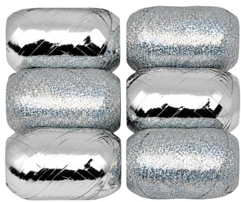 Set Ringelband Polyband Geschenk-Band Geschenkschleifen zum Basteln und Verpacken - glänzend & matt sortiert (Silber, 6 Rollen Geschenkband je 10m)