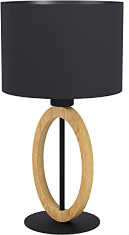 EGLO Tischlampe Basildon 1, 1 flammige Tischleuchte minimalistisch, Nachttischlampe aus Holz, Textil, Metall, Wohnzimmerlampe in Natur, Schwarz, Lampe mit Schalter, E27