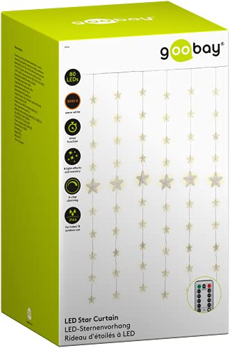goobay 57941 LED Sternenlichterkette Lichtervorhang Außen / 80 warmweiß LED Lichterkette Fernbedienung / 8 Leuchtmodi & Timer Lichterkettenvorhang/Außentrafo, Klar