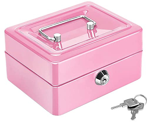 Kasse für Bargeld Münzen Scheine, Geldkasse Box Abschließbar, Mini Tragbare Safe-Sicherheitsbox, Kleine Geldkassette mit Schlüsselschloss, mit 2 Schlüsseln, für Loses Geld, Münzen (Rosa)