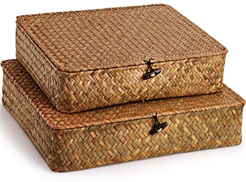 Elsjoy 2 Pack Seagrass Storage Box with Lid, Wicker Storage Baskets Flat Rattan Storage Bins, Woven Organizer Baskets for Shelf, Closet, Bedroom