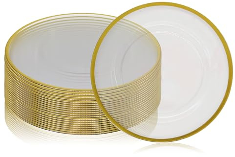Trimming Shop Charger Plate Clear Glass with Gold Trim Design, 12pcs | 33cm (13 Inch) Decorative Dinner Chargers for Table Setting, Wedding, Party, Home & Event Décor, Dinner Table Decoration