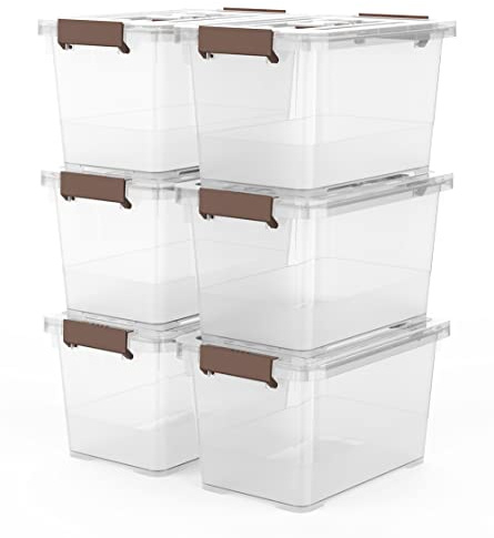WYT 6-Pack Clear 7 Quart Storage Latch Box/Bins, Plastic Stackable Latching Box with Brown Handle and Lid, Multi-Purpose, 7 Litre