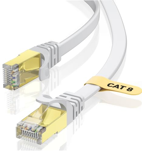 VOIETOLT Cat8 Lan Kabel 15M mit Clips, 40Gbps/2000MHz Flach Schirmung Hochgeschwindigkeit Netzwerkkabel, STP RJ45 Gigabit Cat-8 Ethernet Kabel für PS4/5, für Modem, für Router (weiß)