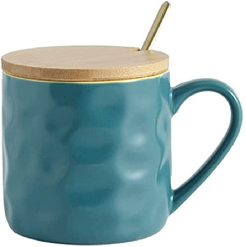 MAGICVOGEL Tasse à café, avec couvercle en bois et cuillère, 400 ml, en céramique, moderne, grande anse, pour le bureau et la maison, bleue