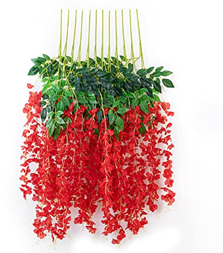 Keebgyy Guirnalda de Flores de Glicinia Artificial, 6 Hojas Colgantes Flor de Seda Vid Hiedra Adorno de Glicinia de Vid Artificial para el Hogar Fiesta de Bodas Jardín Decoración de la Pared(Rojo)