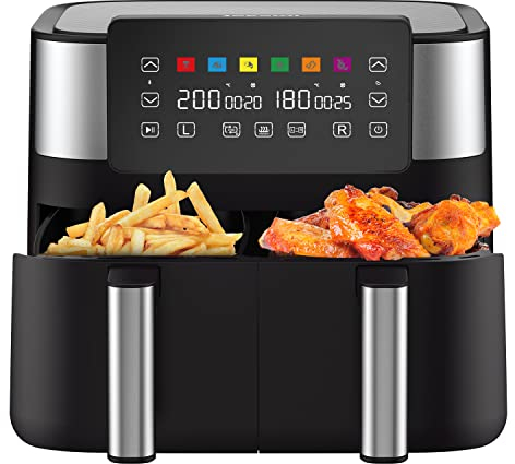Air Fryer with 2 Baskets 7.6L, JOYAMI Dual Basket AirFryer with Sync-Finish Function, Nonstick and Dishwasher Safe, 6-in-1 Airfryer for Air Fry, Bake, Dehydrate, Roast, Broil & More, 2850W, Black