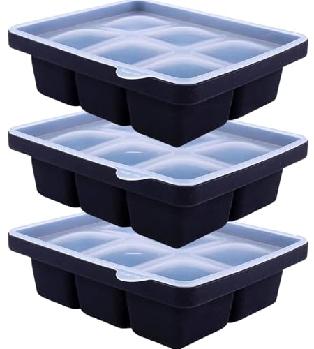 3 Packs Large Silicone Ice Cube Tray, Easy-Release Ice Cube Moulds 6 Ice Cubs Per Tray for Chocolate Cocktail Any Drinks (3 Pack Black)