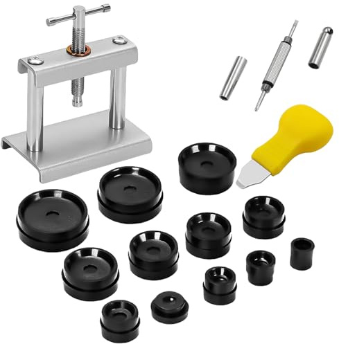 Homury Klockpress-set, verktyg för klockpress, stängning av boetten, reparation av klockor, med 12 former, 1 H-format spakverktyg, 1 drivrutin, klockverktyg för batteribyte, silver