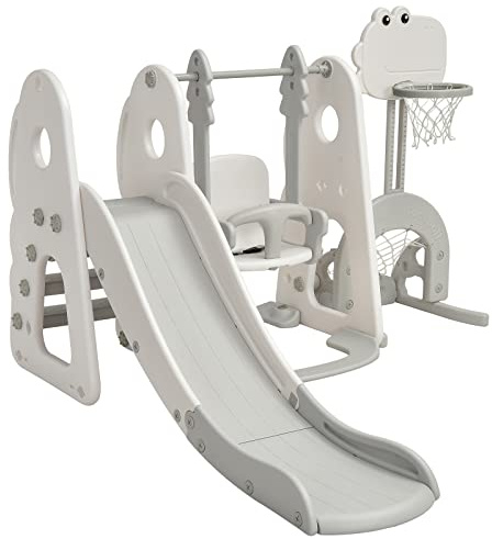 Maxmass Toddler Slide and Swing Set, Children Playground Playset with Basketball Hoop, Long Slide and Climb Ladder, Indoor Kids Play Area for Boys Girls (Grey+White, 173x191x120cm)
