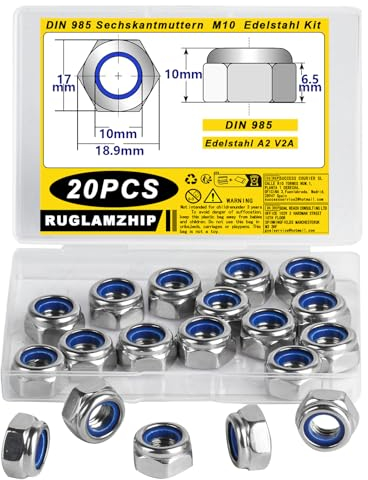 20er Set Selbstsichernde M10 Edelstahl Muttern, DIN985 Standard A2 V2A, Metrisch Sechskant, Sicherungs- und Stopmuttern