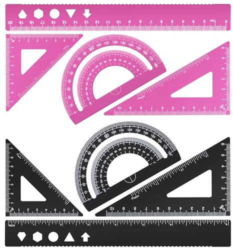 MSDADA Set di 8 righelli da 20 cm, in lega di alluminio, goniometro matematico, set di strumenti ideali per disegnare, misurare studenti, insegnanti, architetti, ingegneri (nero+rosa)