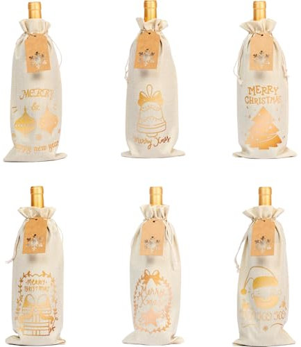 12 Stück Flaschentüten Weihnachten mit Kordelzug, EDWENE Weinflaschen Verpackung mit Geschenkanhänger, Jute Weinbeutel Wiederverwendbare für Hochzeit Party, Weihnachten Dinner, Sektflaschen