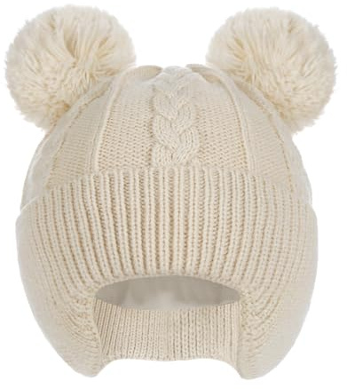 Creekstone Baby Beanie Hüte Kleinkind Bommelmütze, Warm, Weiche, mit Fleece Gefüttert, Kinder-Wintermütze für Baby, Mädchen, Jungen (DE/NL/SE/PL, Alter, 6 Monate, 24 Monate, Beige)