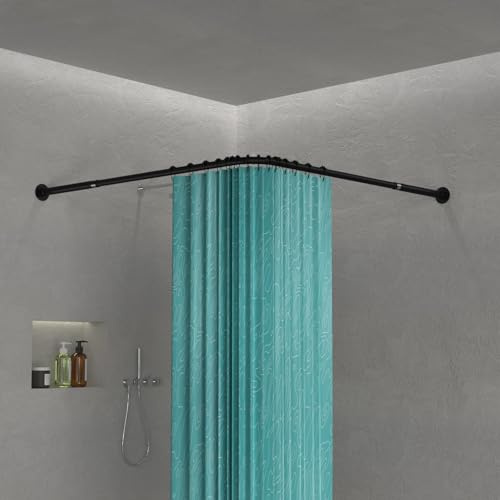 Barra de cortina de ducha en forma de L, 62-94/101-136 cm, barra de cortina de ducha de 90 grados sobre esquina con 16 anillos de cortina de ducha, color negro ajustable en forma de L, barra de
