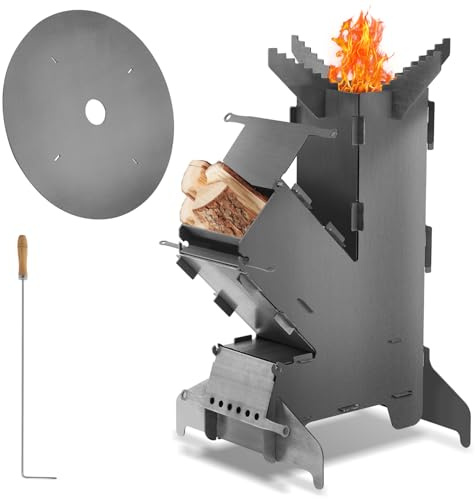 Daromigo Raketugn med grillplatta och brandkrok, massivt 3 mm tjockt stål, plug-in system, vedeldad spis, campingugn, pellkamin för holländsk ugn, stekpanna BBQ
