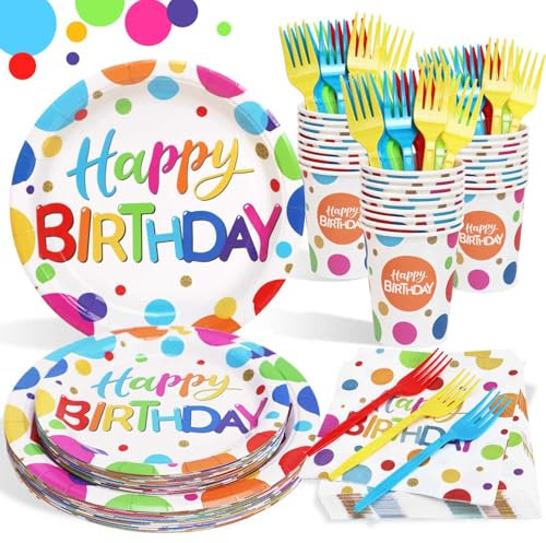 Heboland 100Pcs Stoviglie per Feste di Compleanno Colorati per 25 Ospiti, Piatti e Bicchieri per Feste di Compleanno Colorate per Decorazioni per Feste Bambini Ragazzi Ragazze
