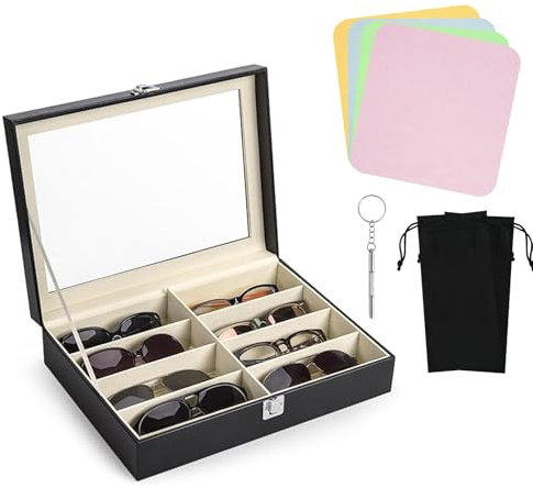 JUMRHFAN Estuche para gafas con 8 compartimentos, caja de almacenamiento con ventana, caja de almacenamiento para gafas con paño de limpieza, bolsa para gafas, destornillador, estuche para gafas,