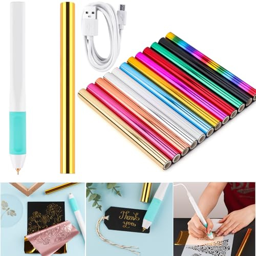 Hot Foil Roll & Hot Heated Foil Pens Set, Foil Quill Tool Freestyle Starter Kit, Includes 1 USB Heat Foil Pen and 13 PCS 5.9inch x 4.26feet Glimmer Foil Rolls for Card Making Craft Stamping Projects